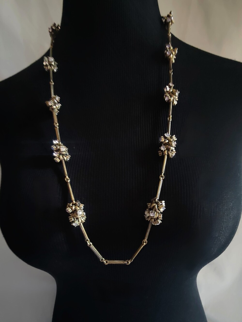 LOFT Vintage Bronze Tone Rhinestone Station Necklace Long Geometric Bar Link